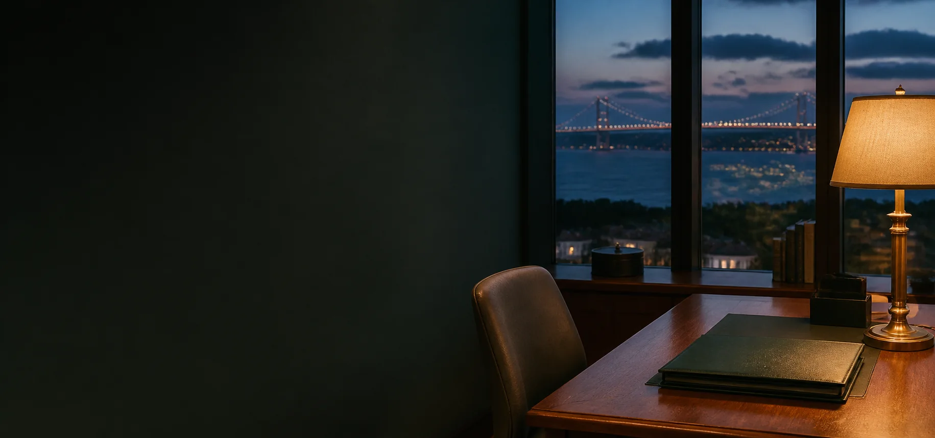 İstanbul Boğazı manzarasına açılan, akşam ışığında bir çalışma masası.